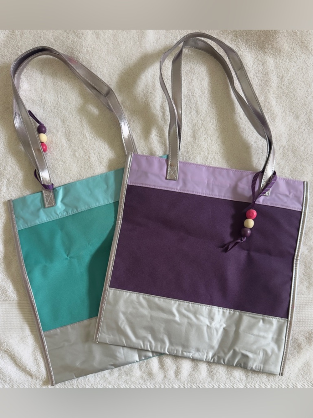 NEW Coco Fashion Tote Bags Purple and Teal Colorblock with Silver Accents.